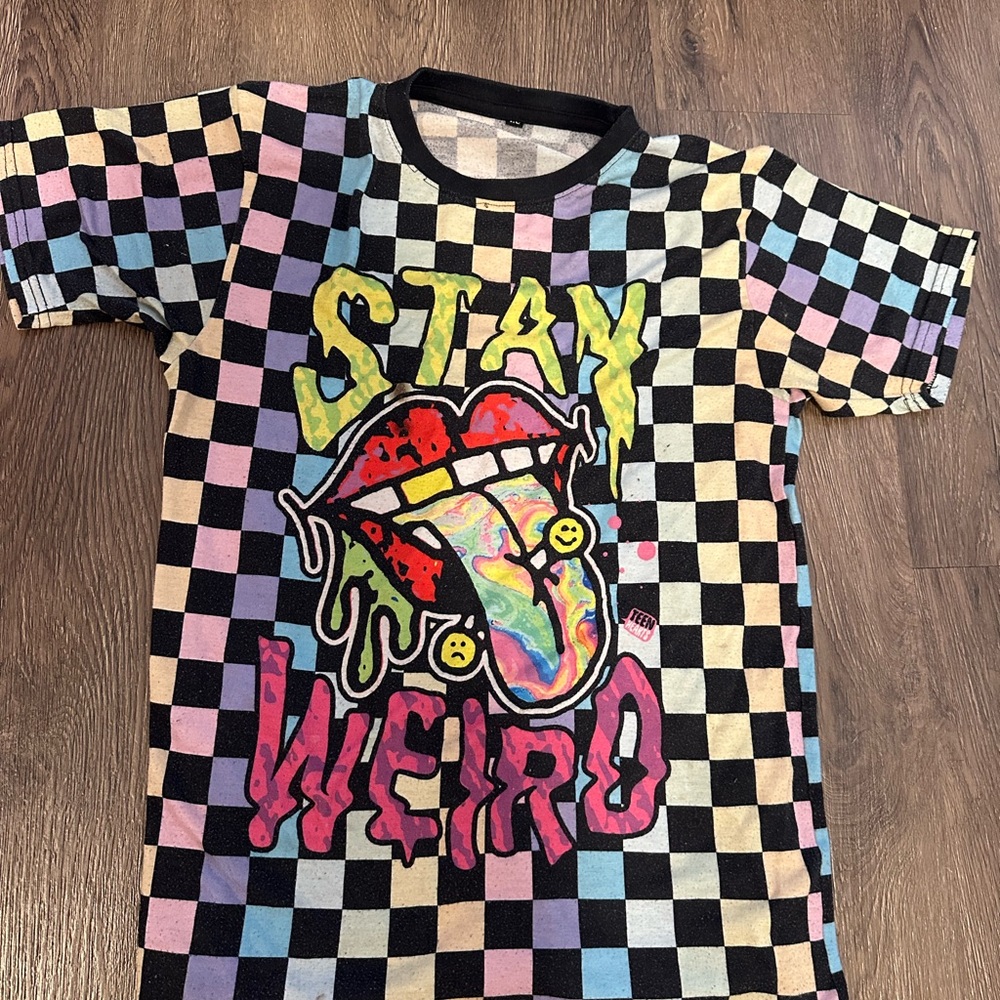 Kids Multicolor Checkerboard 'Stay Weird' Graphic Tee
